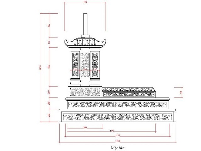 Bản vẽ mặt bên của ngôi mộ tam cấp kích thước 1m9 x 1m5
