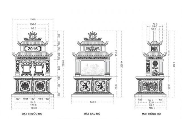 Thiết kế 2D mộ đôi cao 2m2, rộng 1m4