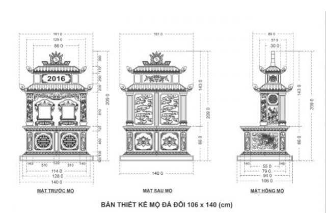 Bản vẽ 2D chi tiết mộ đôi hai mái cao 209cm, rộng 140cm