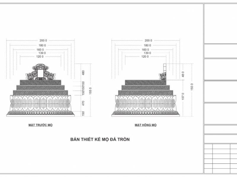 Bản vẽ thiết kế mộ tròn đường kính phủ bì 200cm, chiều cao 107cm