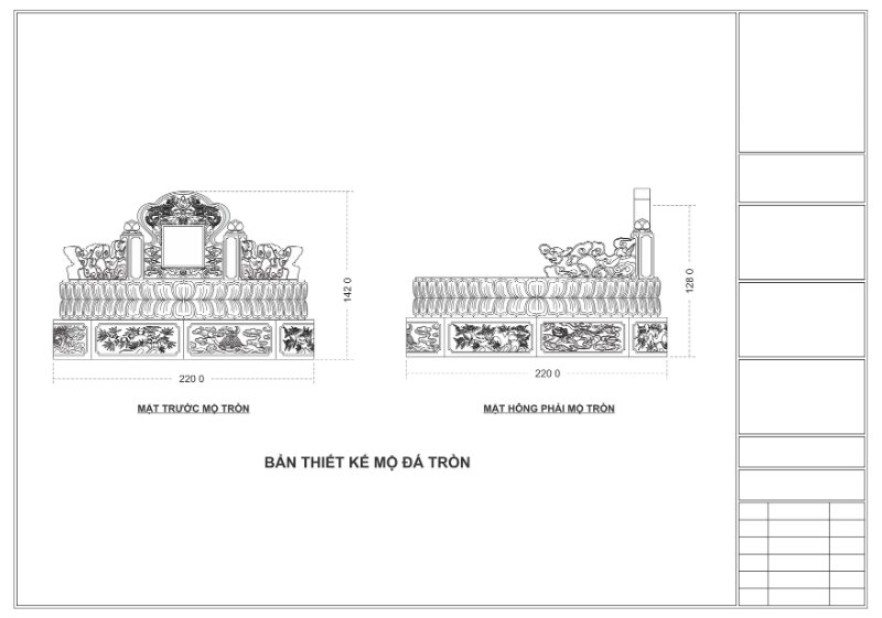 Bản vẽ thiết kế mộ tròn đường kính 220cm, cao 142cm